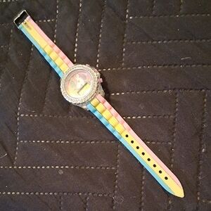 Colorful Striped Watch with Rhinestone Bezel